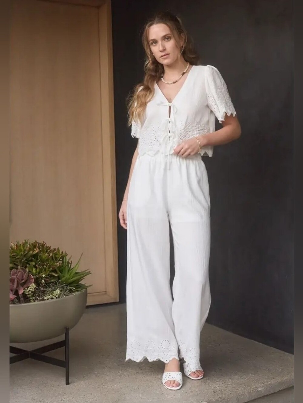 Eyelet Trim Front Tie Blouse and Wide Leg Pant Set